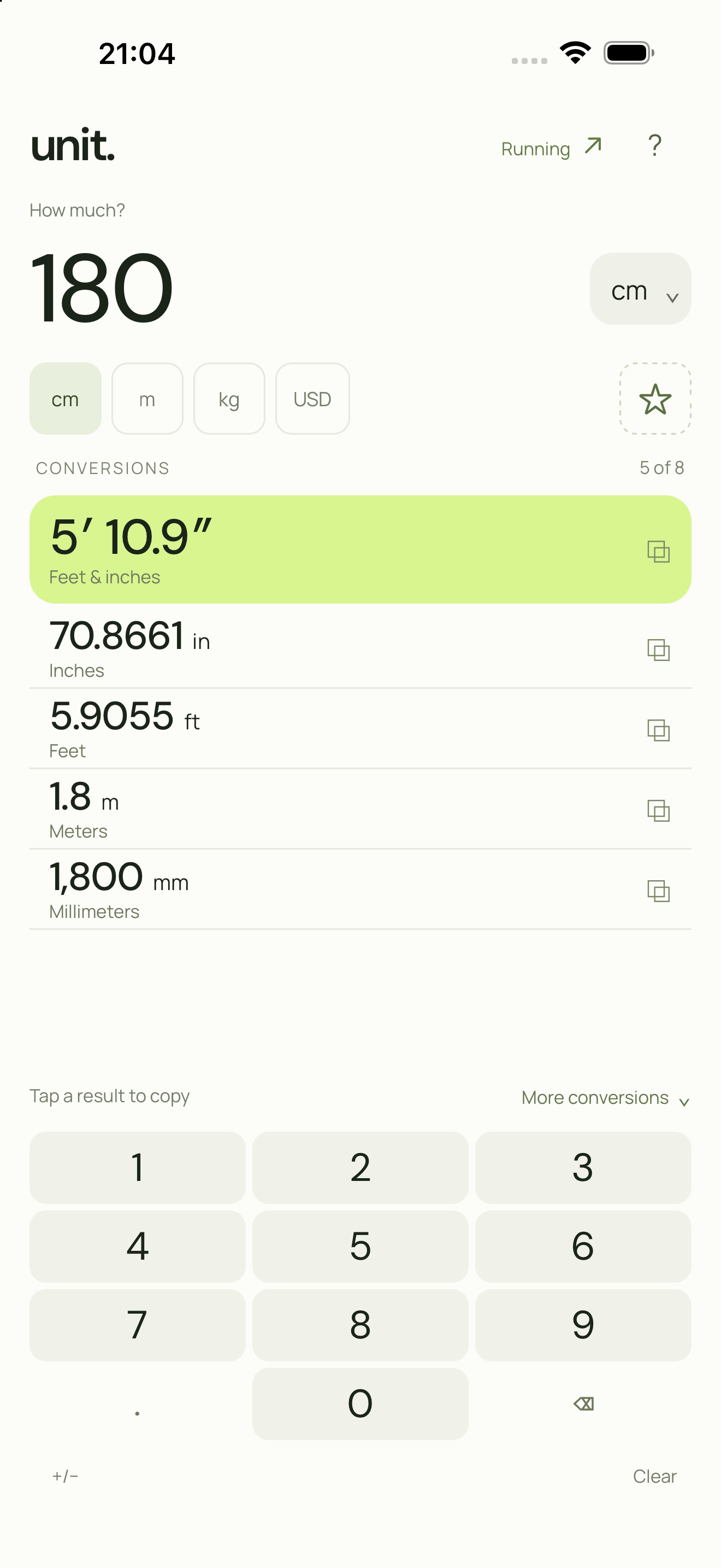 unit. converting 180 centimeters into 5 feet 10.9 inches, with inches, feet, meters and millimeters shown together