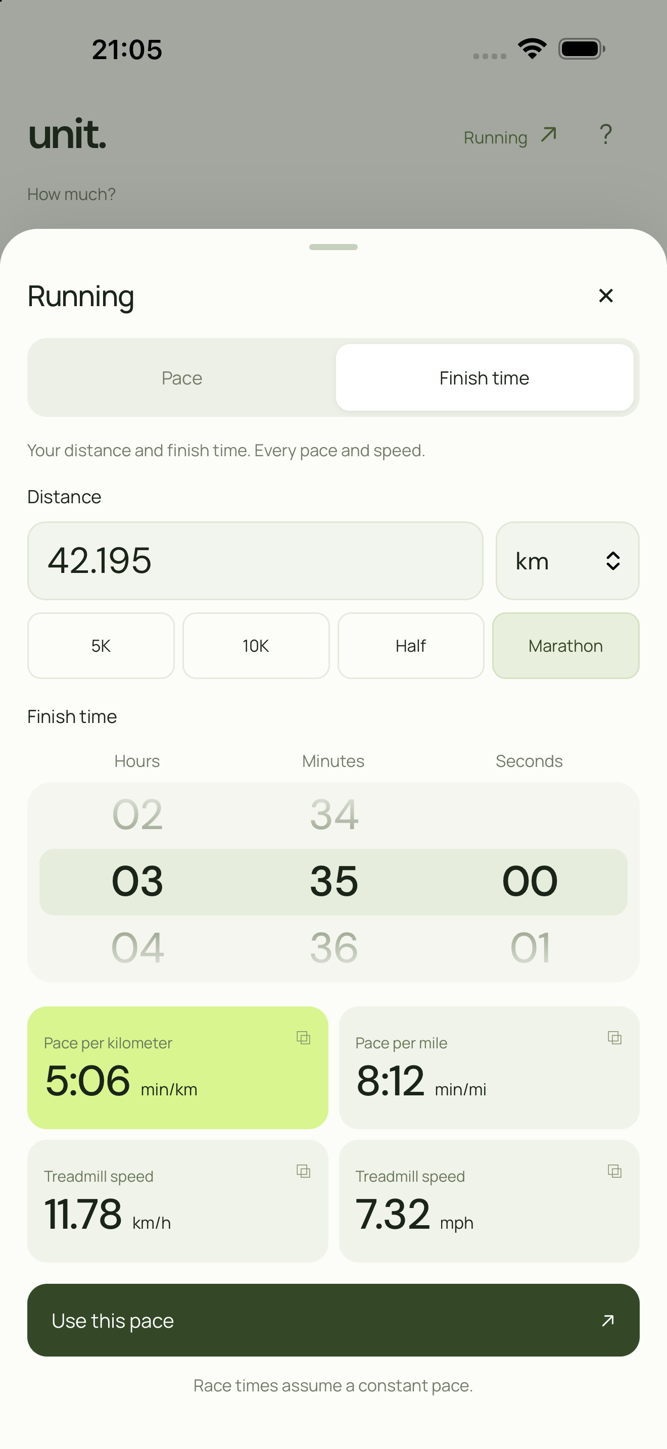 A 3 hour 35 minute marathon showing pace per kilometer and mile, and treadmill speed in kilometers and miles per hour